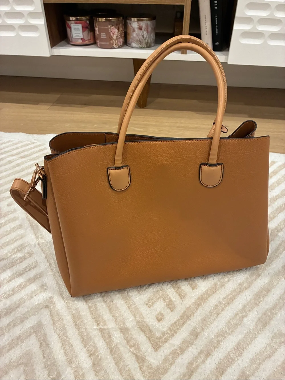 Structured Tan Satchel with Detachable Pouch and Gold-Tone Accents